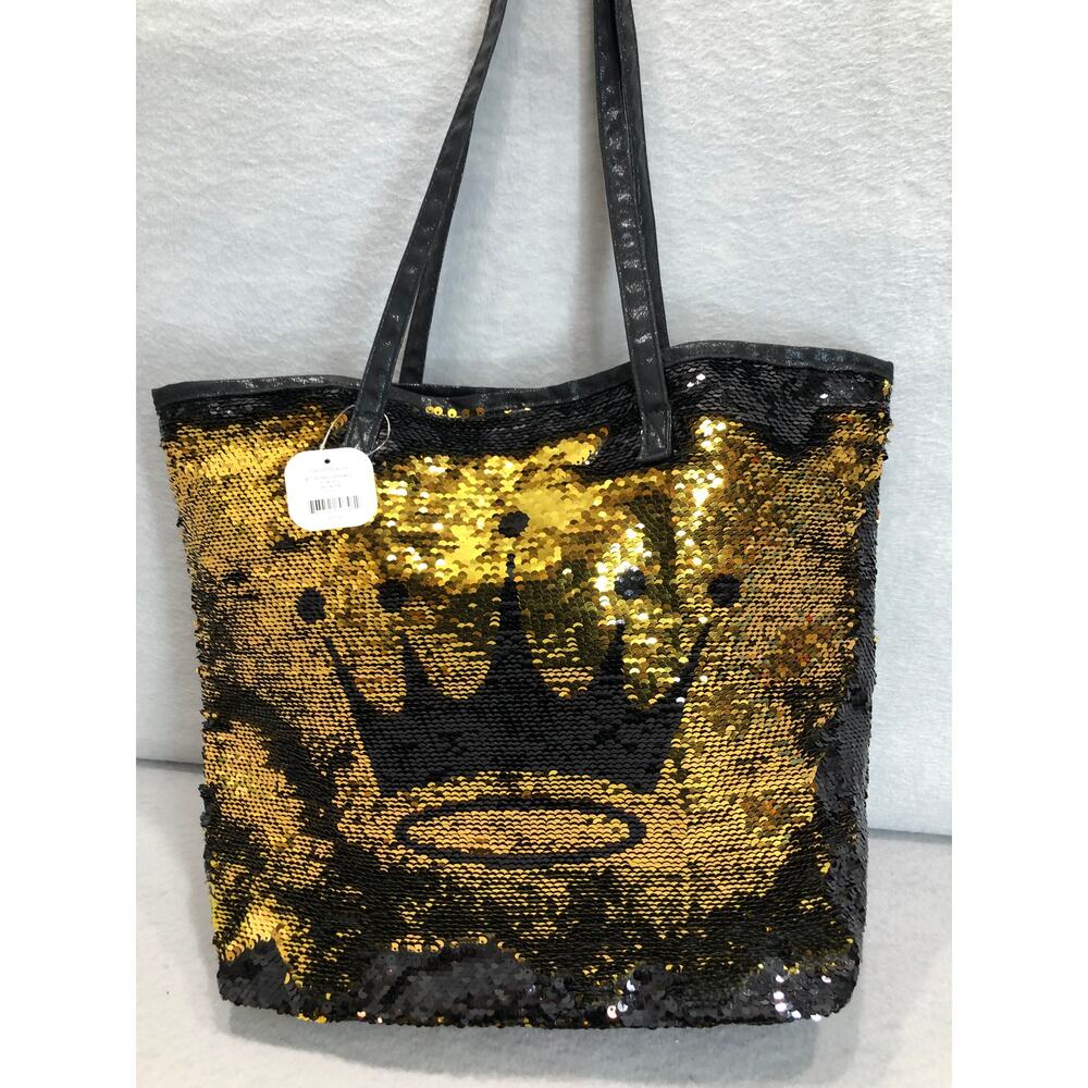 90s Y2K Retro Style Black Sequin Tote Bag Whimsical Gold Crown Logo & Pouch - Picture 9 of 15